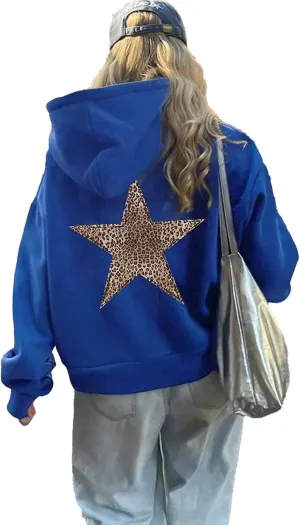 QYZ-Top Womens Cheetah Leopard Star Hoodie Graphic Print Fleece Y2k Oversized Hooded Sweatshirt
