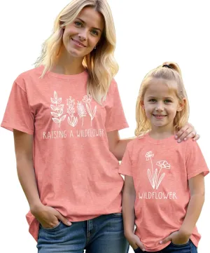 Raising A Wildflower Mommy and Me Shirts Cute Floral Graphic T-Shirt Mom and Daughter Outfits Summer Short Sleeve Tees