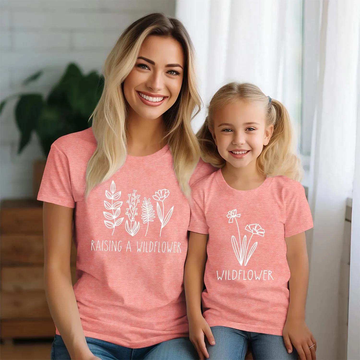 Raising A Wildflower Mommy and Me Shirts Cute Floral Graphic T-Shirt Mom and Daughter Outfits Summer Short Sleeve Tees