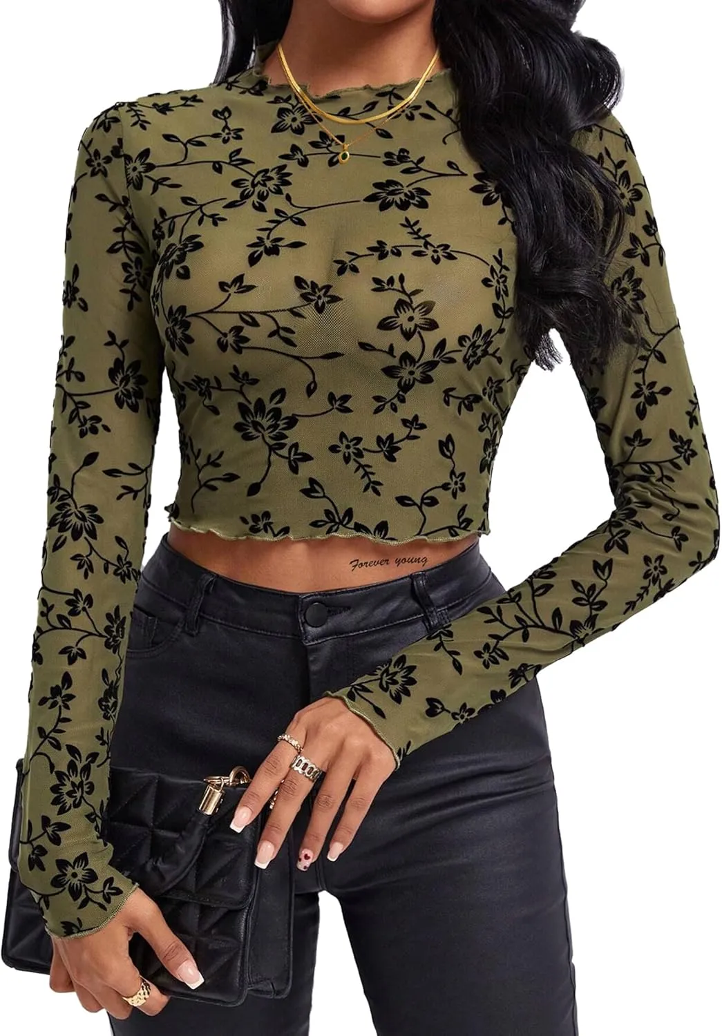 Remidoo Women's Mesh Top Tie Dye Sexy Sheer Long Sleeve Crop Tops Shirt