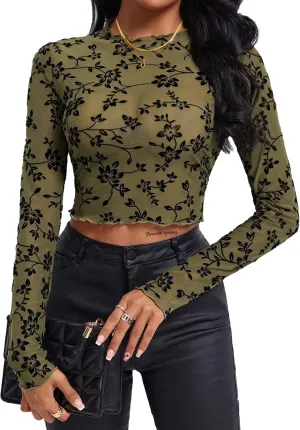 Remidoo Women's Mesh Top Tie Dye Sexy Sheer Long Sleeve Crop Tops Shirt