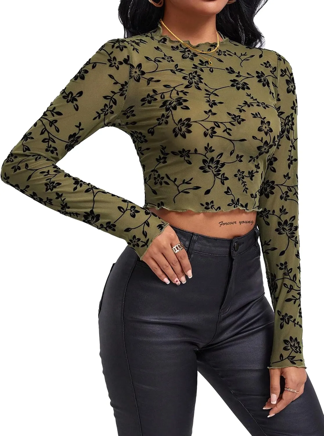 Remidoo Women's Mesh Top Tie Dye Sexy Sheer Long Sleeve Crop Tops Shirt
