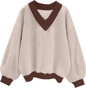 Remidoo Women's V Neck Oversized Long Sleeve Pullover Sweatshirt Drop Shoulder Loose Top