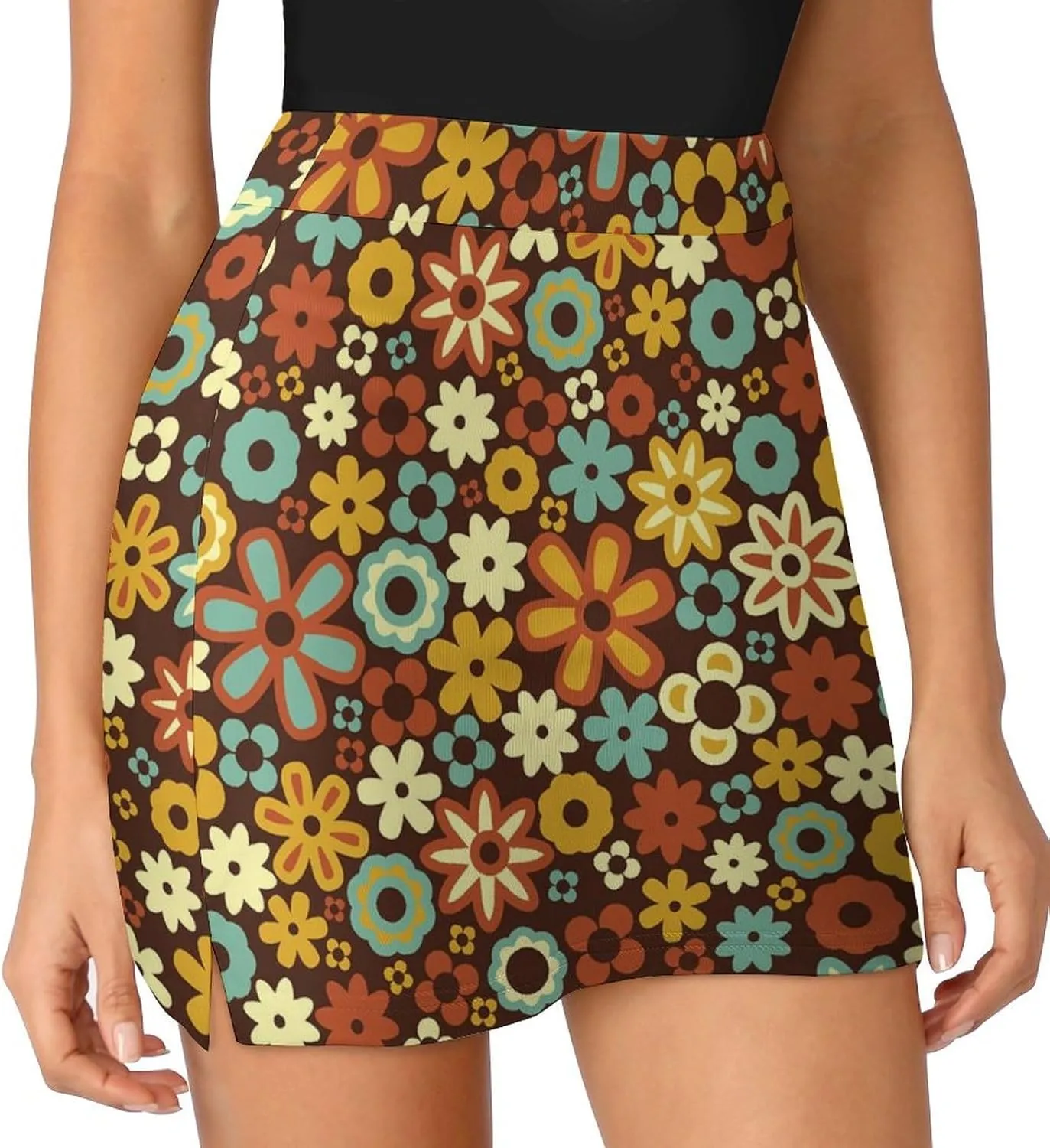 Retro Flower Pattern Women's Mini Tennis Skirt with Shorts Underneath Athletic Workout Cute Skorts