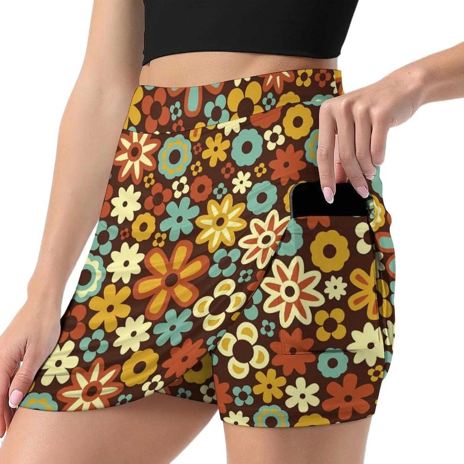 Retro Flower Pattern Women's Mini Tennis Skirt with Shorts Underneath Athletic Workout Cute Skorts