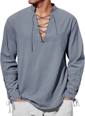 Runcati Mens Medieval Pirate Shirt Steampunk Renaissance Viking Retro Long Sleeve Lace Up Mercenary Halloween Costume Tops