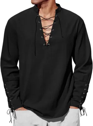 Runcati Mens Medieval Pirate Shirt Steampunk Renaissance Viking Retro Long Sleeve Lace Up Mercenary Halloween Costume Tops