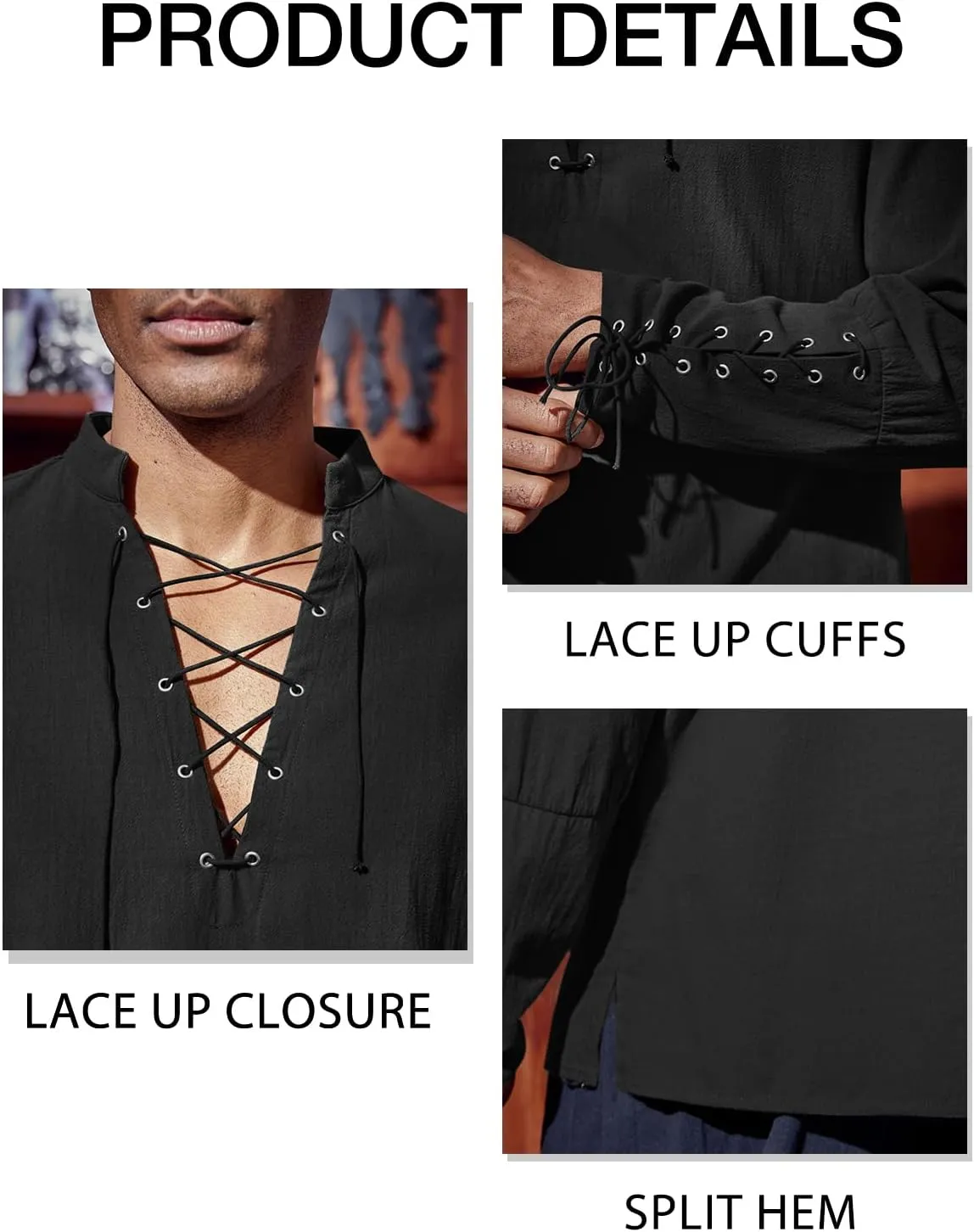 Runcati Mens Medieval Pirate Shirt Steampunk Renaissance Viking Retro Long Sleeve Lace Up Mercenary Halloween Costume Tops