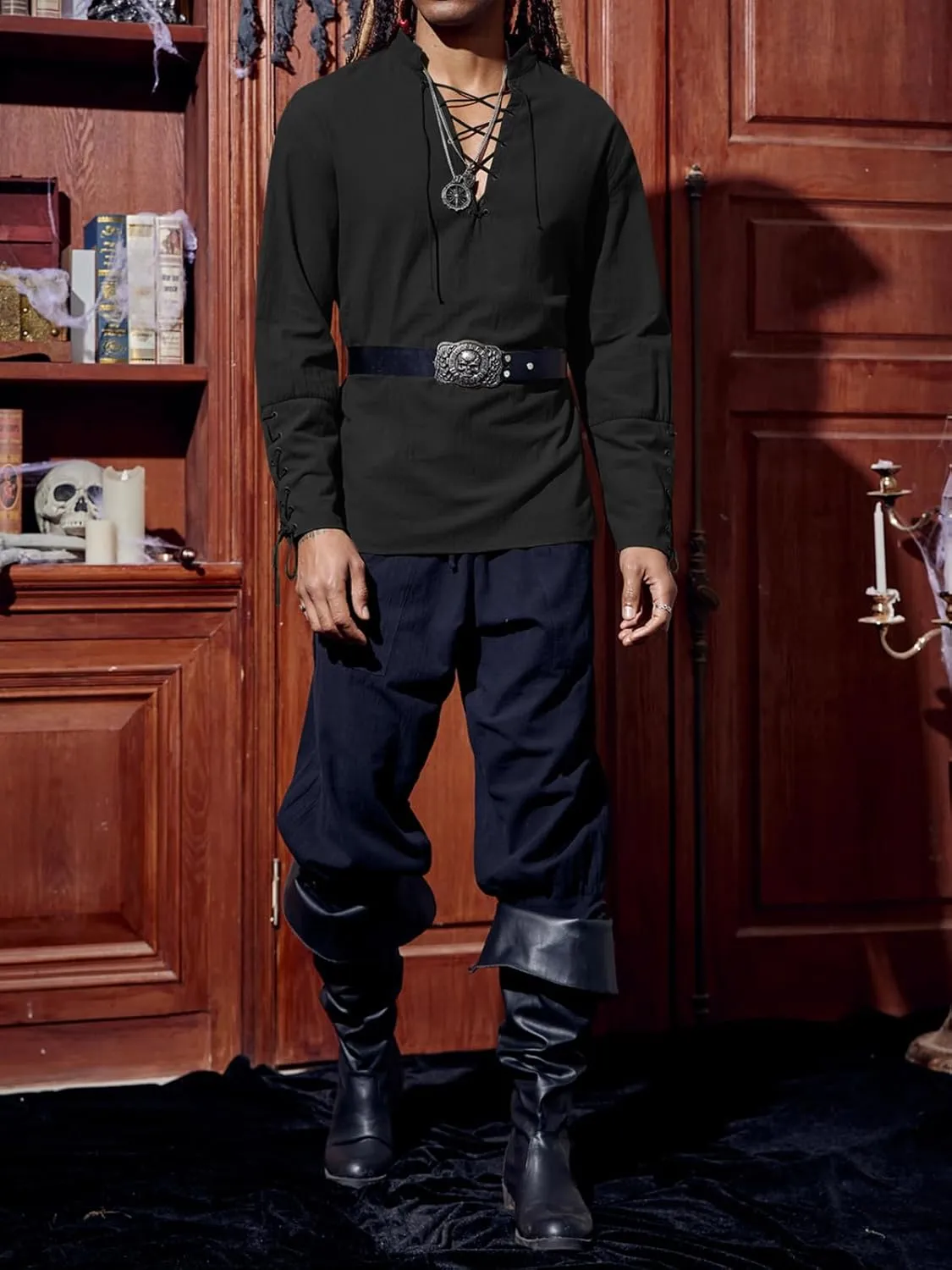 Runcati Mens Medieval Pirate Shirt Steampunk Renaissance Viking Retro Long Sleeve Lace Up Mercenary Halloween Costume Tops