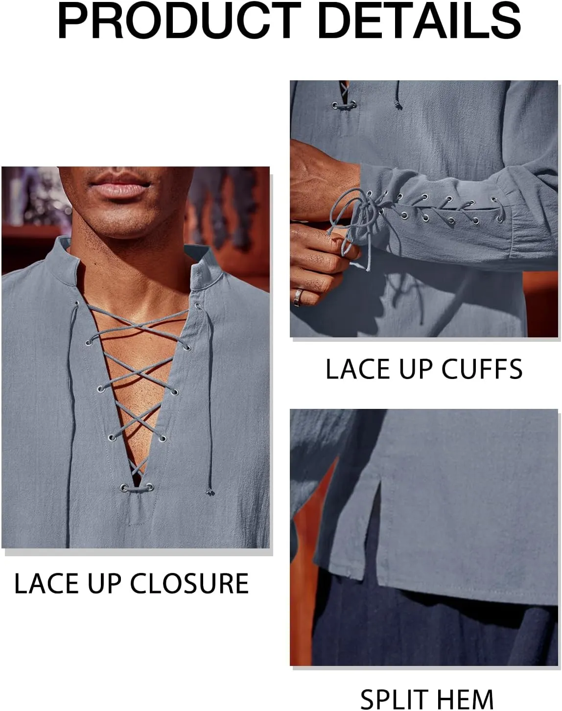 Runcati Mens Medieval Pirate Shirt Steampunk Renaissance Viking Retro Long Sleeve Lace Up Mercenary Halloween Costume Tops