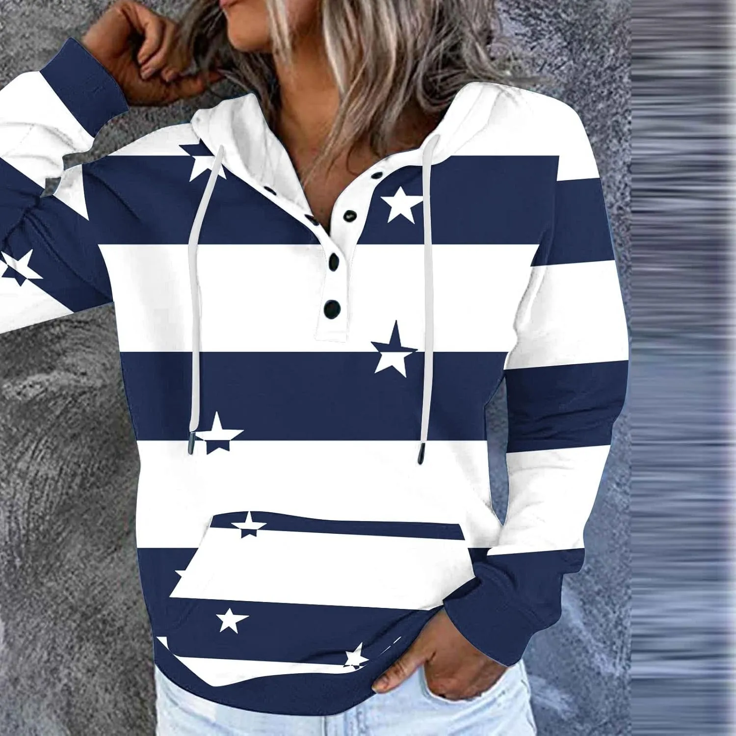 Ruziyoog Hoodie for Women Striped Color Block Button Down Sweatshirt Casual Long Sleeve Drawstring Oversize Pullover