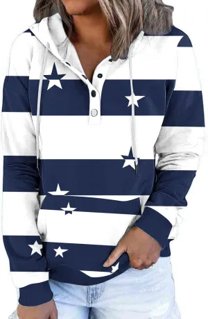 Ruziyoog Hoodie for Women Striped Color Block Button Down Sweatshirt Casual Long Sleeve Drawstring Oversize Pullover