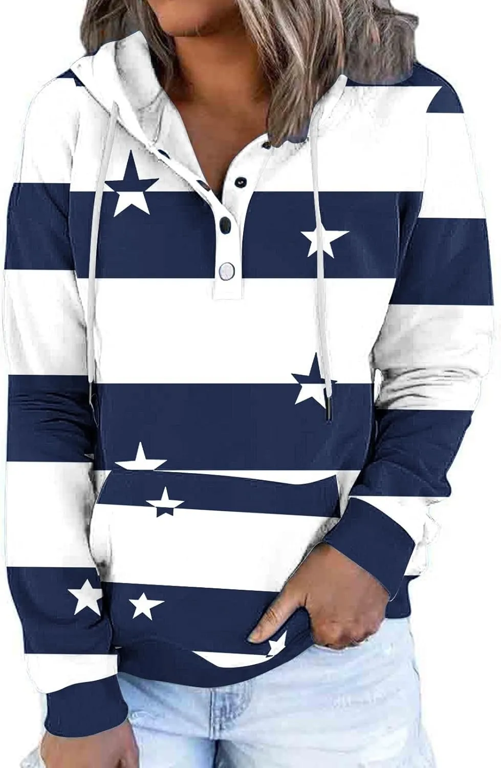 Ruziyoog Hoodie for Women Striped Color Block Button Down Sweatshirt Casual Long Sleeve Drawstring Oversize Pullover