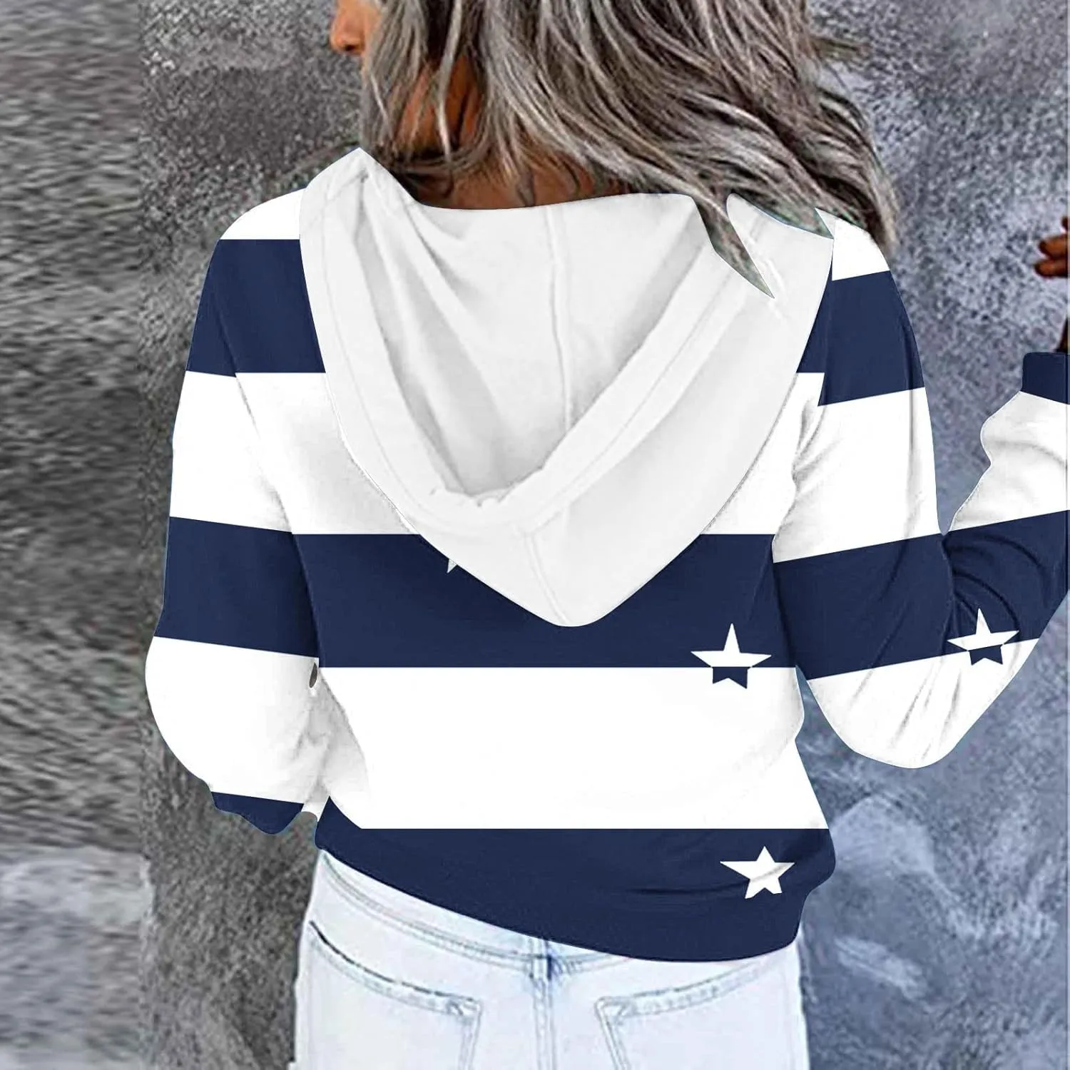 Ruziyoog Hoodie for Women Striped Color Block Button Down Sweatshirt Casual Long Sleeve Drawstring Oversize Pullover