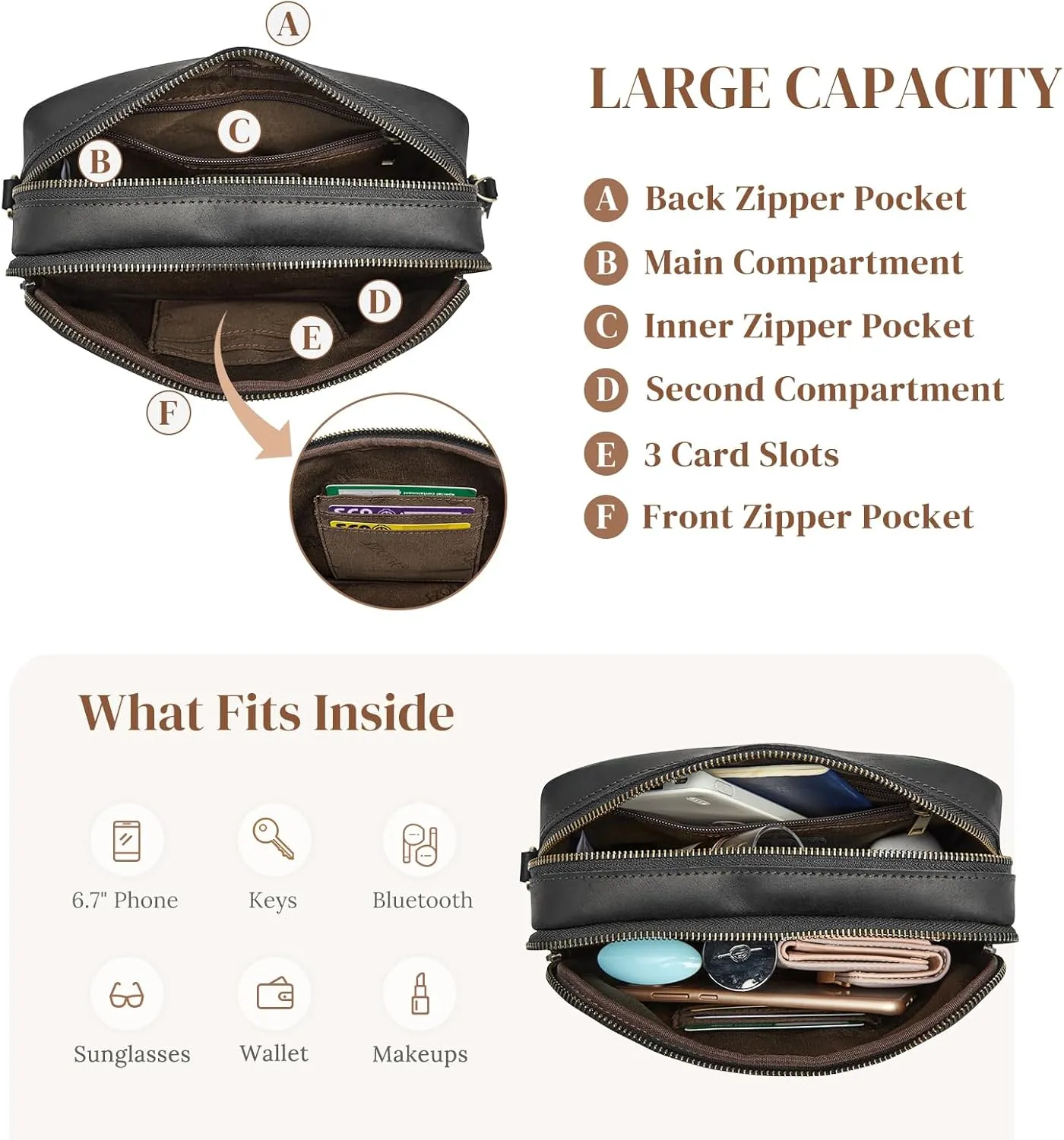S-ZONE Top Grain Leather Crossbody Bags for Women RFID Blocking Shoulder Purses