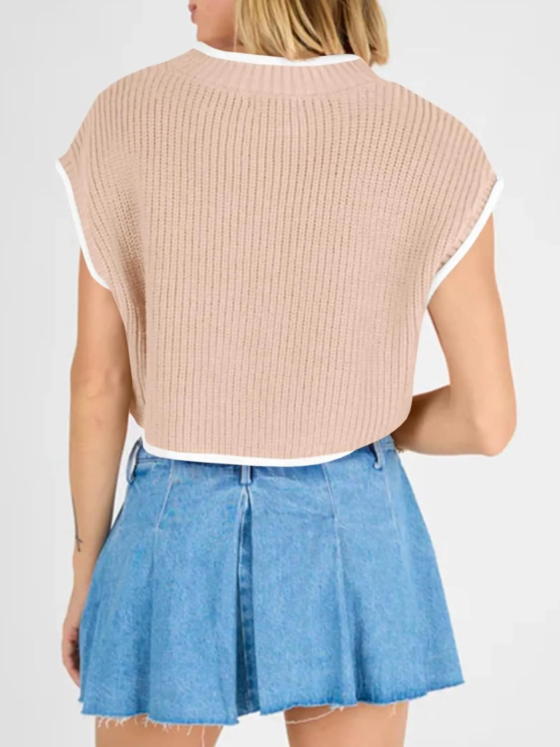 Saodimallsu Womens Cap Sleeve Cropped Sweater Tops Summer Casual Crew Neck Color Block Loose Ribbed Knit Sweater Vest