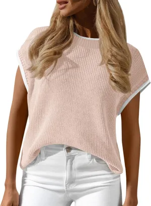 Saodimallsu Womens Cap Sleeve Cropped Sweater Tops Summer Casual Crew Neck Color Block Loose Ribbed Knit Sweater Vest
