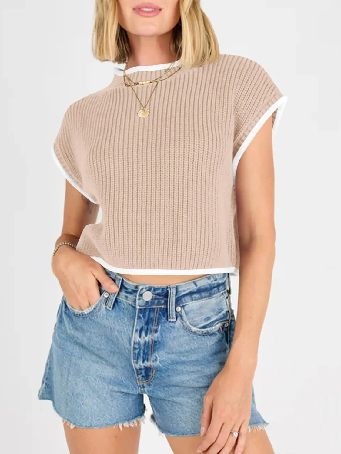 Saodimallsu Womens Cap Sleeve Cropped Sweater Tops Summer Casual Crew Neck Color Block Loose Ribbed Knit Sweater Vest