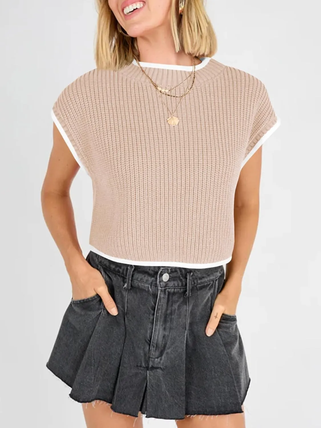 Saodimallsu Womens Cap Sleeve Cropped Sweater Tops Summer Casual Crew Neck Color Block Loose Ribbed Knit Sweater Vest