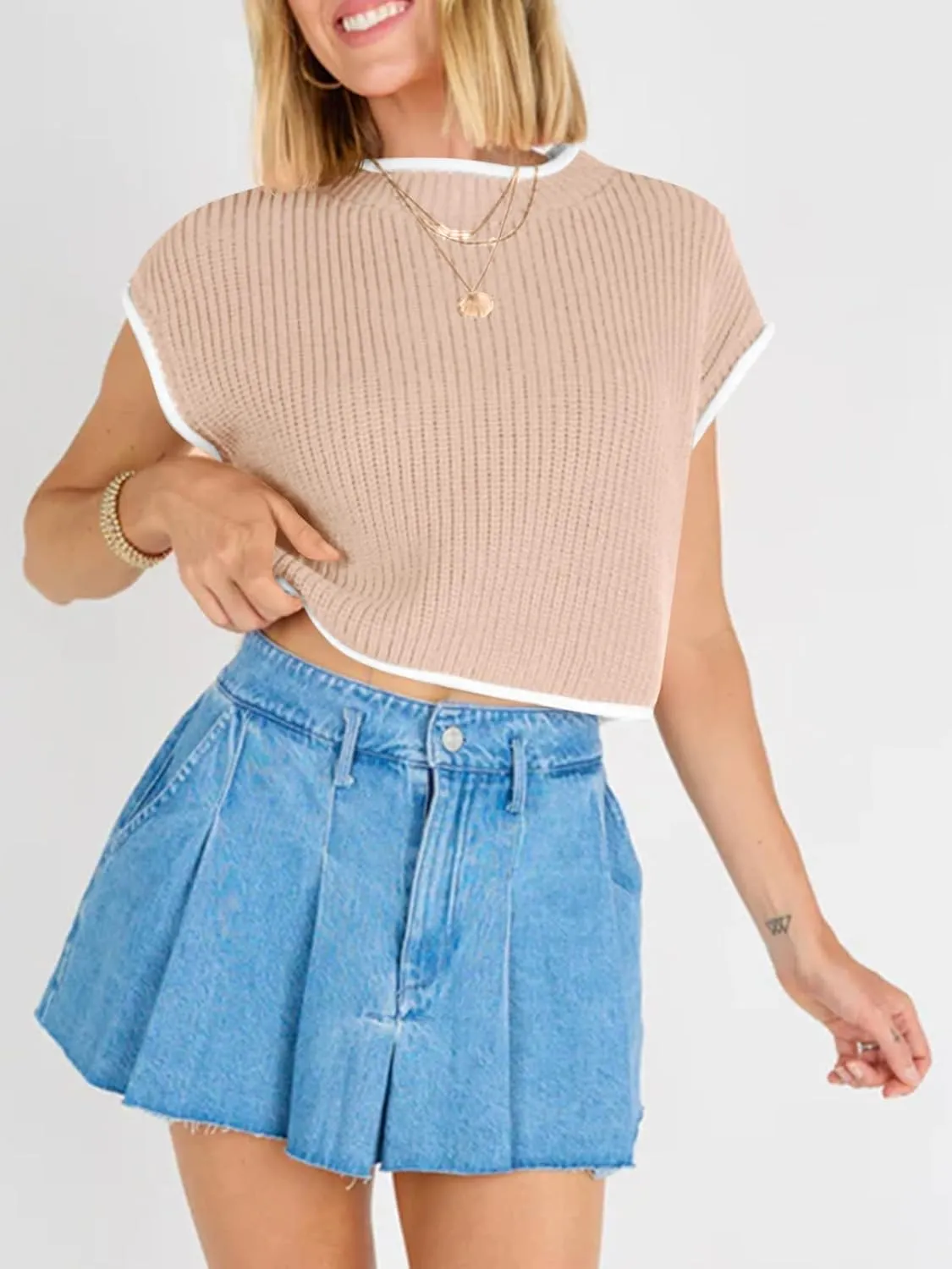Saodimallsu Womens Cap Sleeve Cropped Sweater Tops Summer Casual Crew Neck Color Block Loose Ribbed Knit Sweater Vest