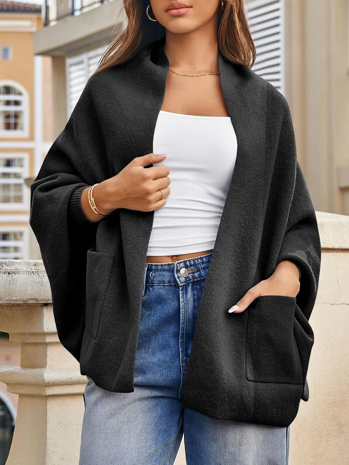 Saodimallsu Womens Open Front Cardigan Batwing Long Sleeve Shawl Chunky Knit Loose Fall Poncho Sweater Coats