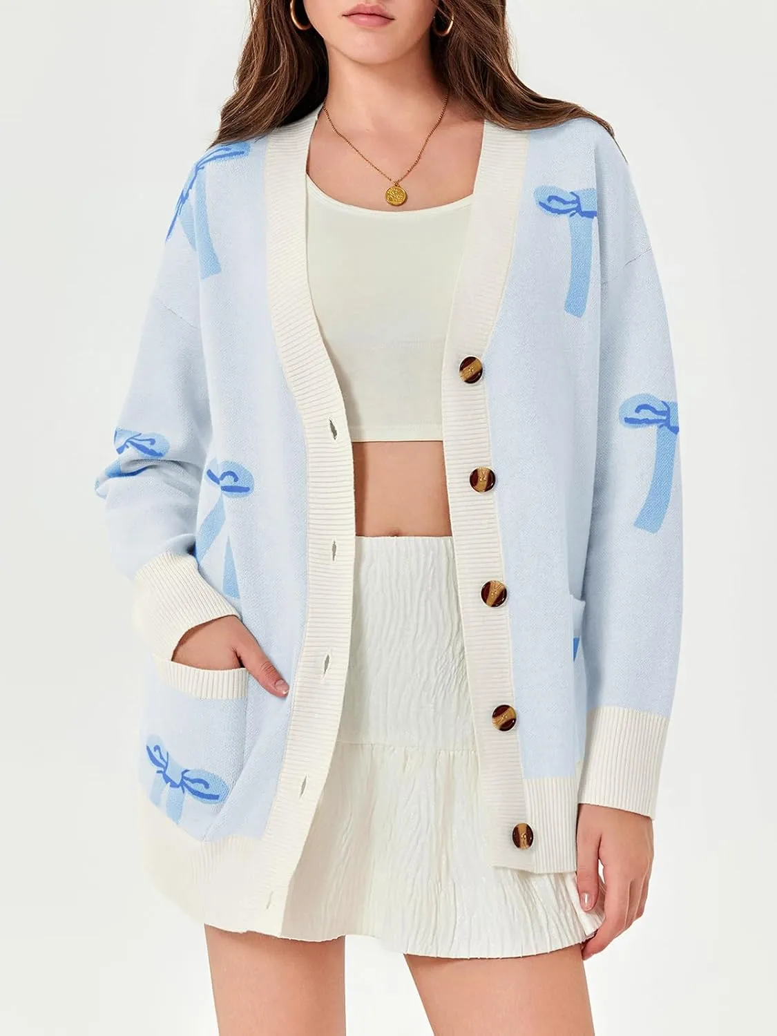 Saodimallsu Womens Oversized Cardigan Sweaters Bow Printed Button V Neck Long Sleeve Loose Knit Fall Trendy Coats