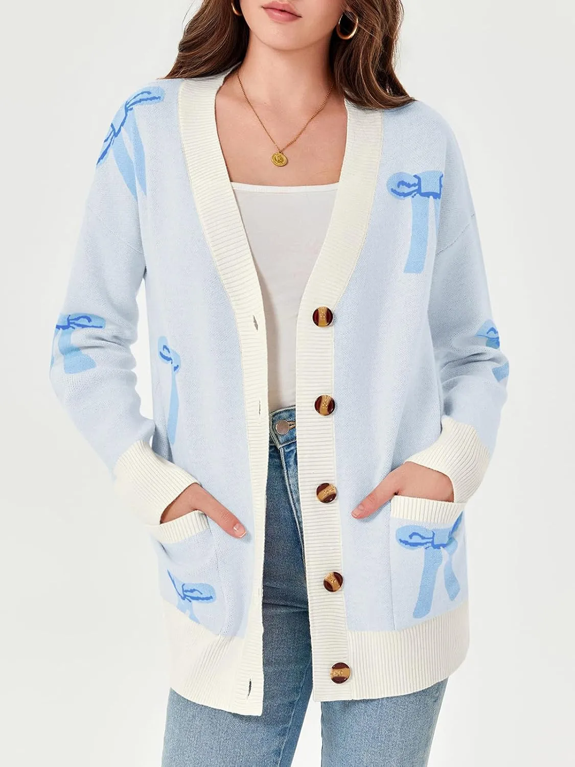 Saodimallsu Womens Oversized Cardigan Sweaters Bow Printed Button V Neck Long Sleeve Loose Knit Fall Trendy Coats