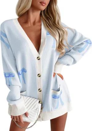 Saodimallsu Womens Oversized Cardigan Sweaters Bow Printed Button V Neck Long Sleeve Loose Knit Fall Trendy Coats
