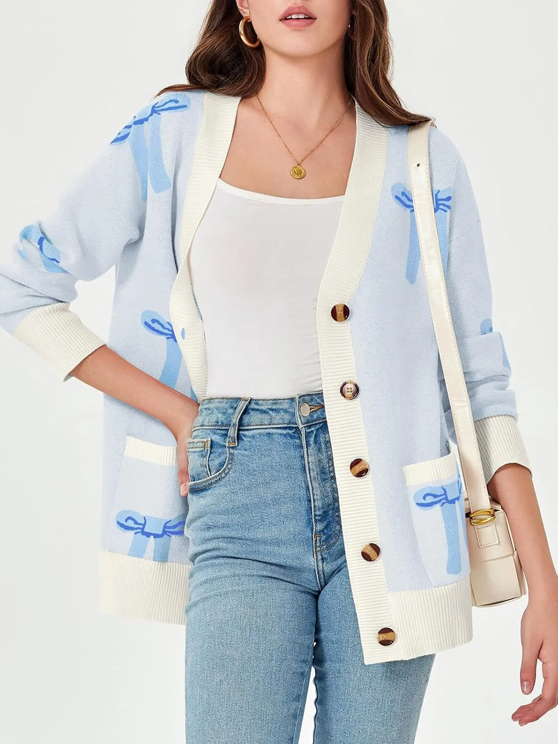 Saodimallsu Womens Oversized Cardigan Sweaters Bow Printed Button V Neck Long Sleeve Loose Knit Fall Trendy Coats