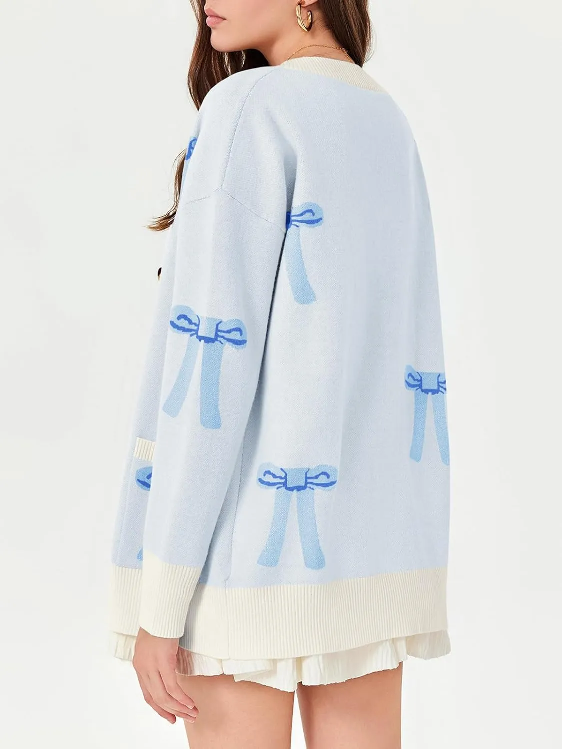 Saodimallsu Womens Oversized Cardigan Sweaters Bow Printed Button V Neck Long Sleeve Loose Knit Fall Trendy Coats