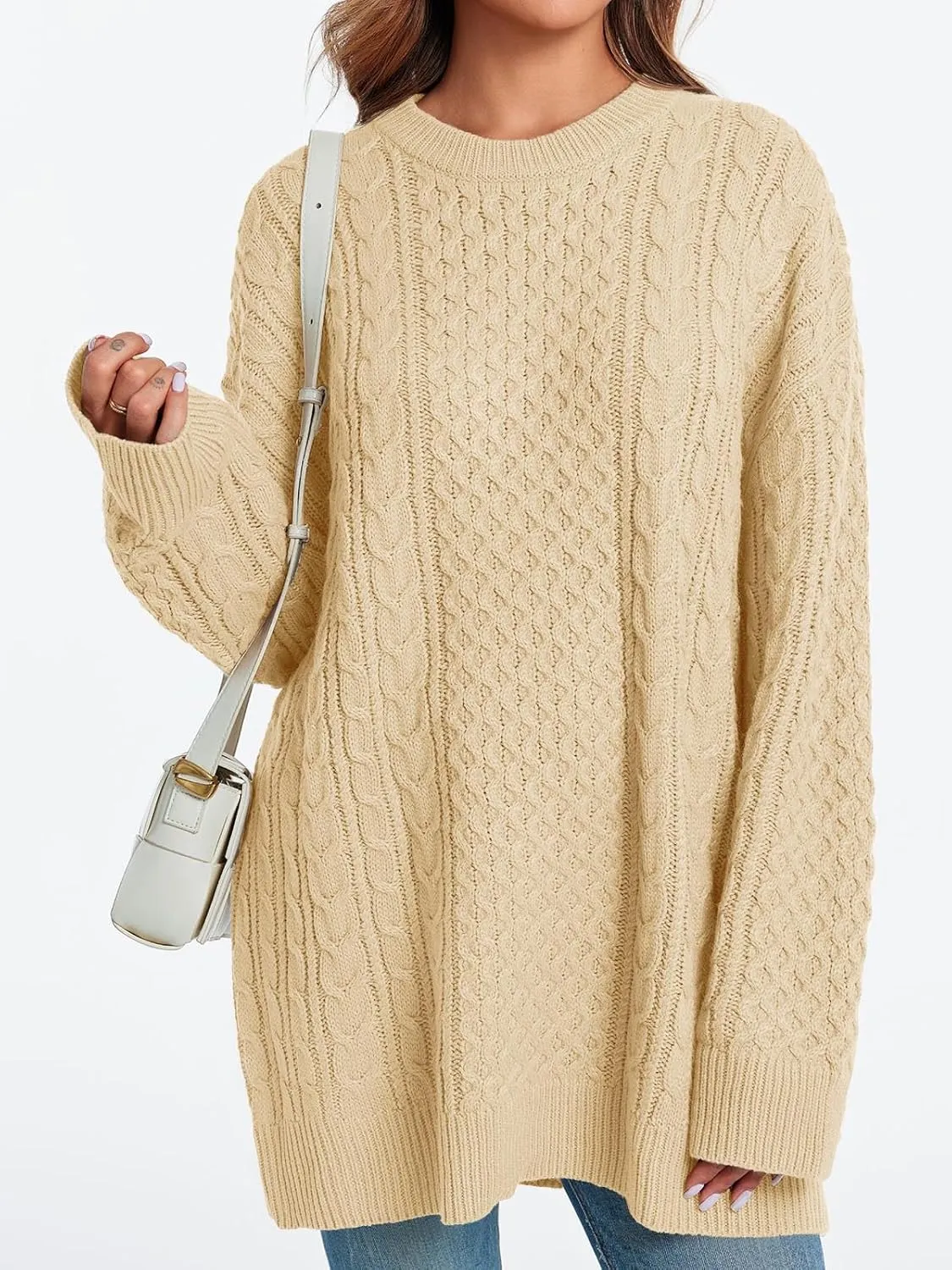 Saodimallsu Womens Oversized Sweaters Chunky Cable Knit Crewneck Long Sleeve Loose Tunic Sweater Tops