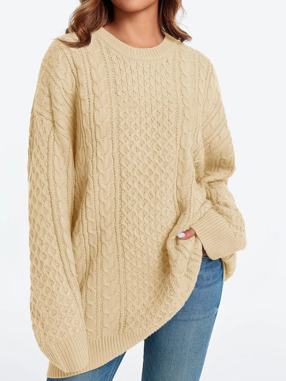 Saodimallsu Womens Oversized Sweaters Chunky Cable Knit Crewneck Long Sleeve Loose Tunic Sweater Tops