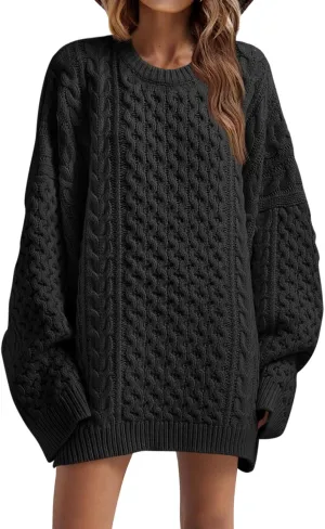 Saodimallsu Womens Oversized Sweaters Chunky Cable Knit Crewneck Long Sleeve Loose Tunic Sweater Tops