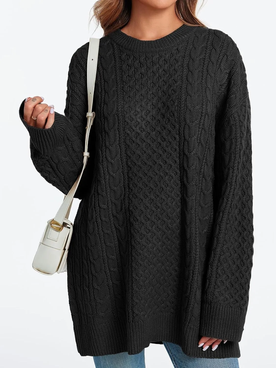 Saodimallsu Womens Oversized Sweaters Chunky Cable Knit Crewneck Long Sleeve Loose Tunic Sweater Tops