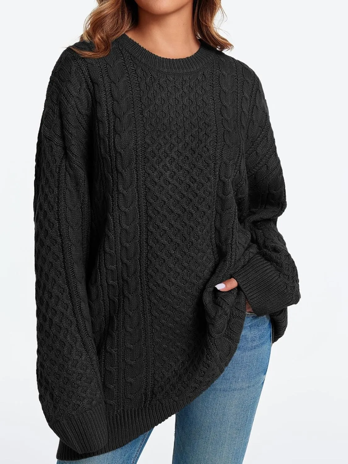 Saodimallsu Womens Oversized Sweaters Chunky Cable Knit Crewneck Long Sleeve Loose Tunic Sweater Tops