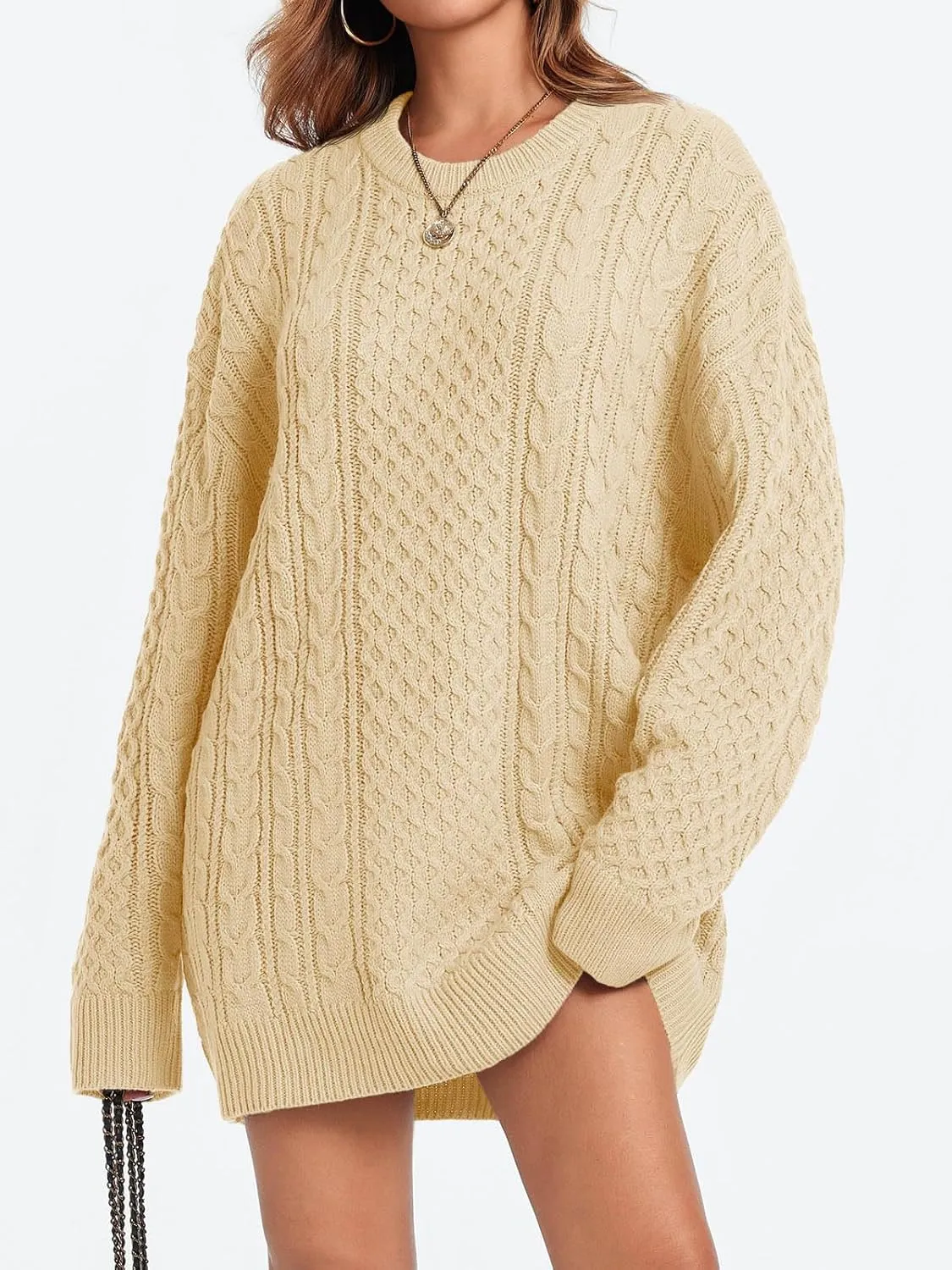 Saodimallsu Womens Oversized Sweaters Chunky Cable Knit Crewneck Long Sleeve Loose Tunic Sweater Tops