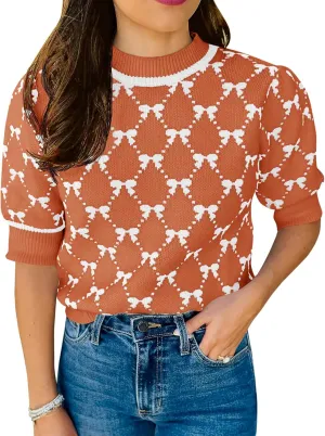 Saodimallsu Womens Puff Short Sleeve Sweater Cute Bow Knit Casual Crew Neck Loose Fit Summer Trendy Pullover Tops