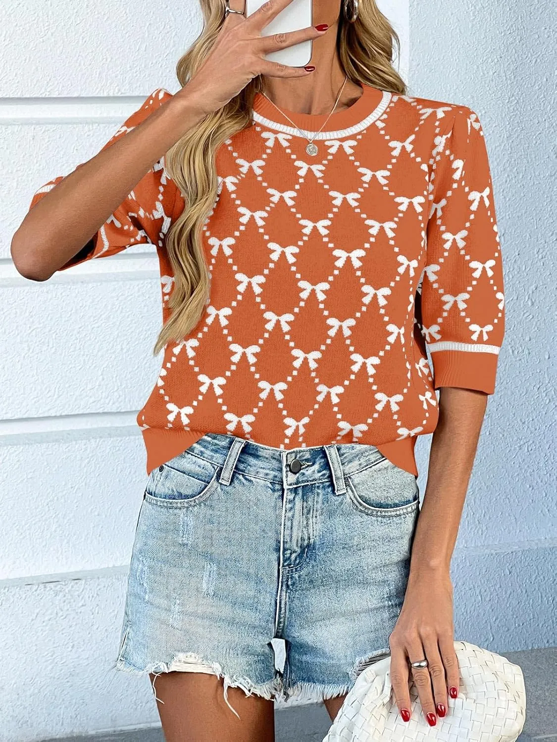 Saodimallsu Womens Puff Short Sleeve Sweater Cute Bow Knit Casual Crew Neck Loose Fit Summer Trendy Pullover Tops