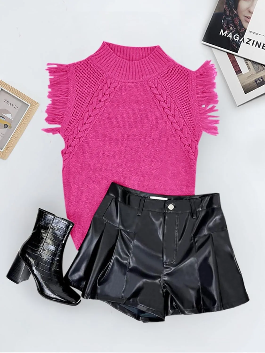 Saodimallsu Womens Sleeveless Sweater Vest Mock Neck Cable Knit Fringe Cap Sleeve Boho Trendy Pullover Tank Tops