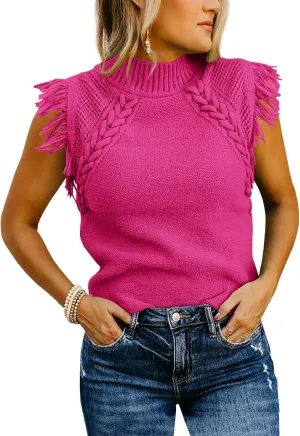 Saodimallsu Womens Sleeveless Sweater Vest Mock Neck Cable Knit Fringe Cap Sleeve Boho Trendy Pullover Tank Tops