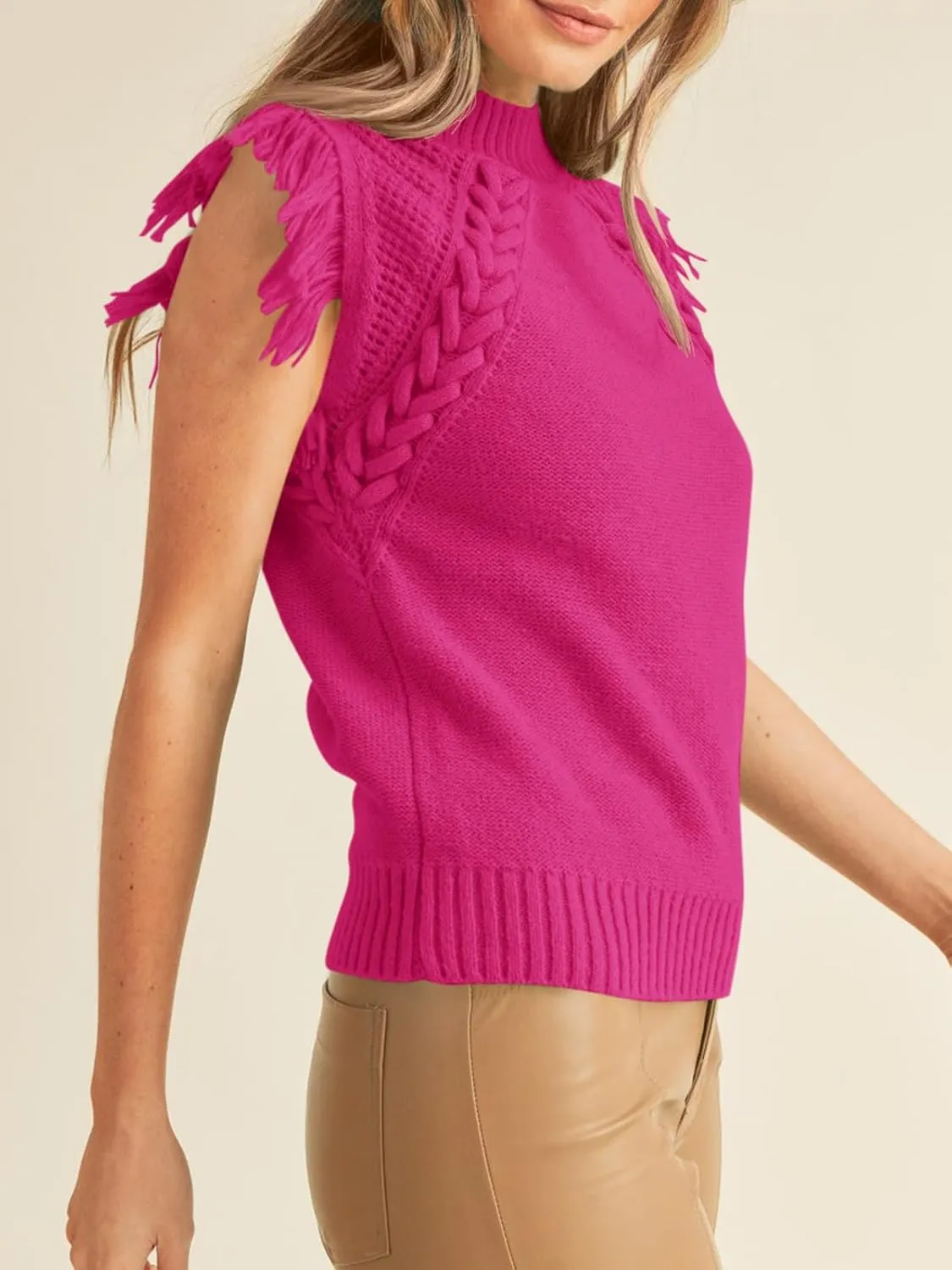 Saodimallsu Womens Sleeveless Sweater Vest Mock Neck Cable Knit Fringe Cap Sleeve Boho Trendy Pullover Tank Tops