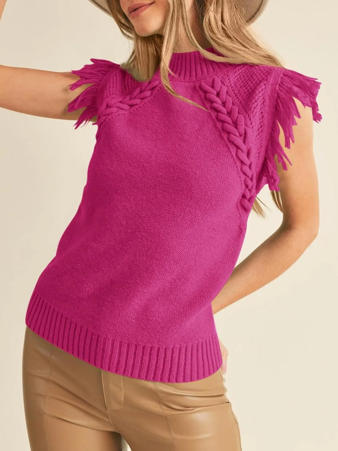 Saodimallsu Womens Sleeveless Sweater Vest Mock Neck Cable Knit Fringe Cap Sleeve Boho Trendy Pullover Tank Tops