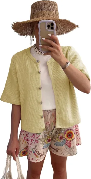 SCUSTY Women's Lightweight Cardigan Short Sleeve Button-Down Summer Cardigan Sweater