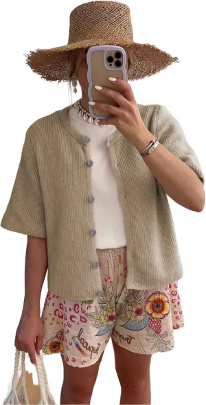 SCUSTY Women's Lightweight Cardigan Short Sleeve Button-Down Summer Cardigan Sweater