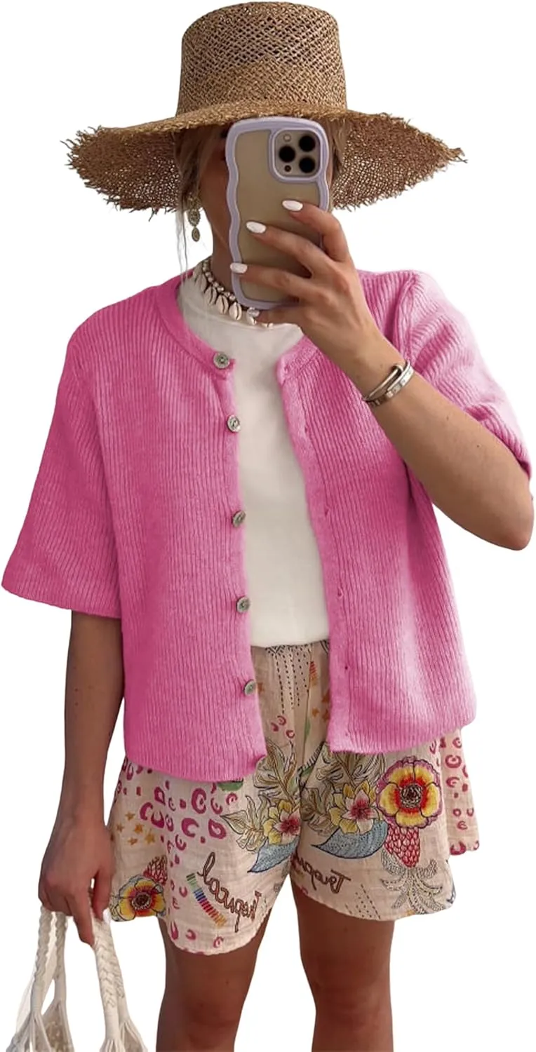 SCUSTY Women's Lightweight Cardigan Short Sleeve Button-Down Summer Cardigan Sweater
