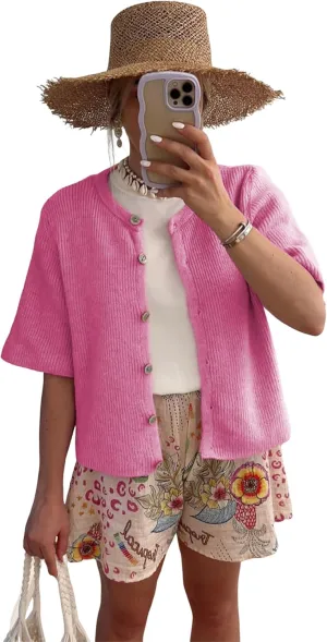 SCUSTY Women's Lightweight Cardigan Short Sleeve Button-Down Summer Cardigan Sweater