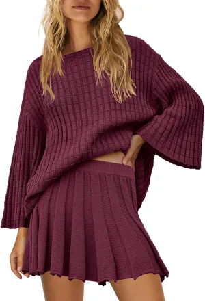SENSERISE Womens Sweater Sets 2 Piece Outfits Long Sleeve Top and Skirts Set Loungewear Fall Clothes