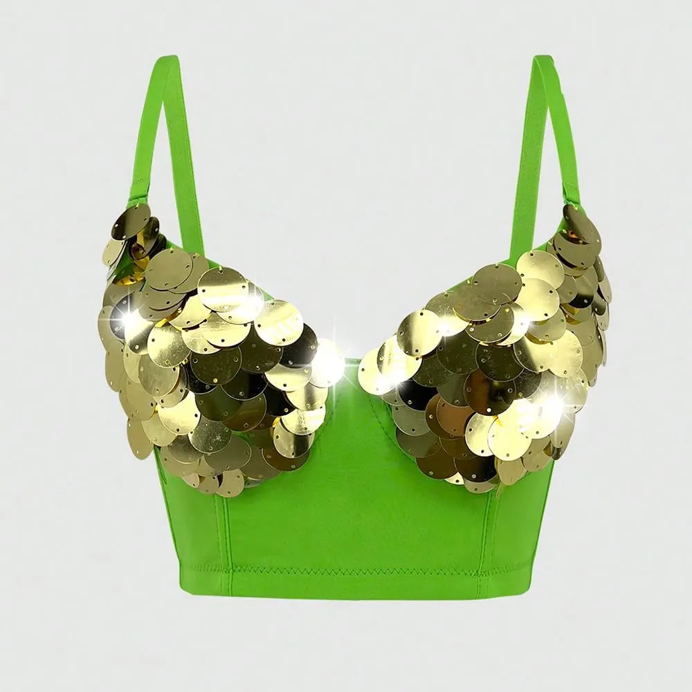 Sequin Fishbone Bra Outerwear Bar Night Dance Double Shoulder Camisole Top