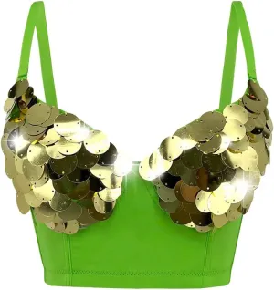 Sequin Fishbone Bra Outerwear Bar Night Dance Double Shoulder Camisole Top