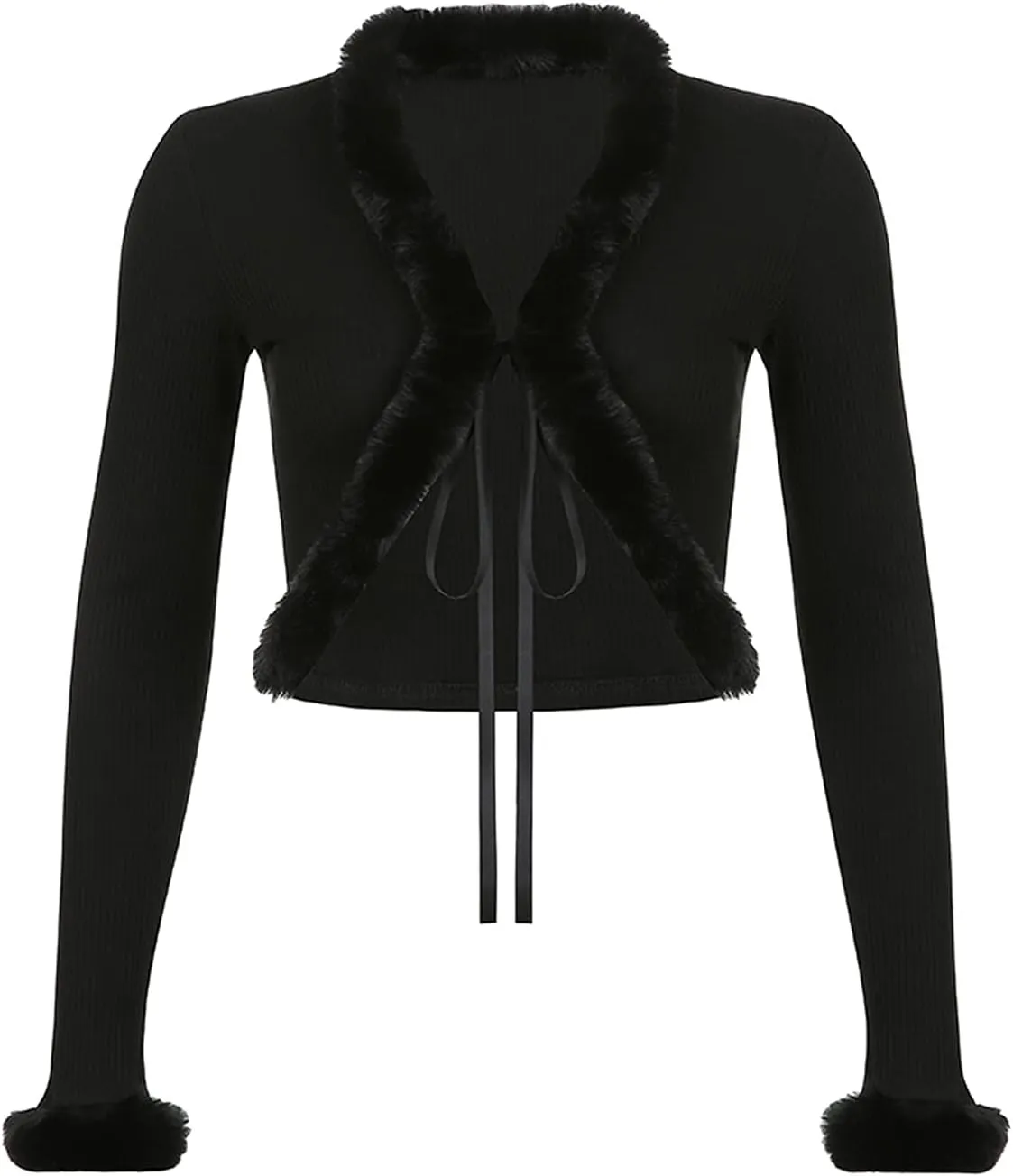Sexy Women Long Sleeve Tie-up Cardigan Deep V Solid Crop Tops Fur Trim Fashion Knitted Sweaters